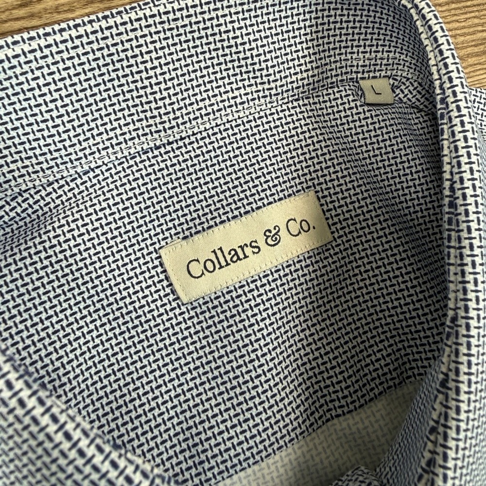 Collars & Co Mens Size LARGE Apex Dress Shirt Navy White Basketweave Stretch - Picture 5 of 10